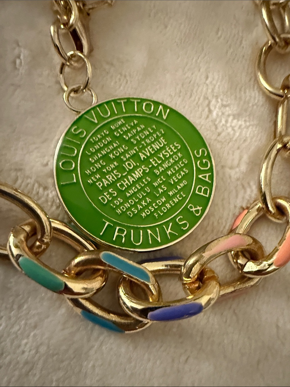 Louis Vuitton Zipper pull Green Trunks & Bags Enamel Charm with a Gold Chain
